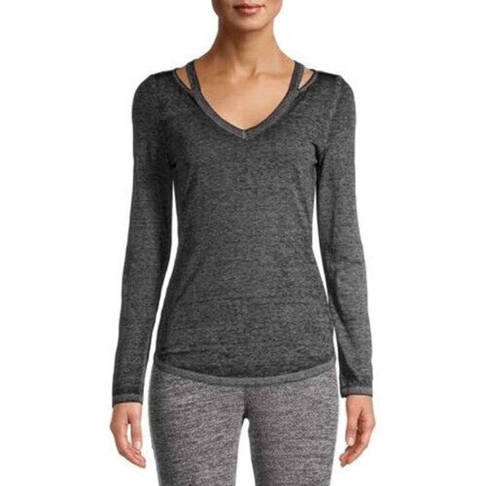 JR594 Derek Heart Black Women's Long Sleeve Burnout T-Shirt Size M